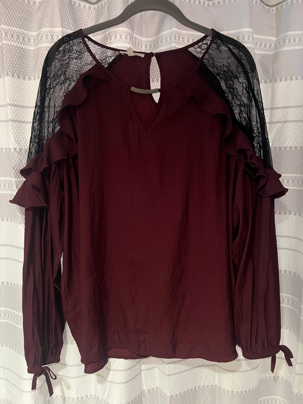 Maurices Burgundy Blouse with Black Lace Shoulders